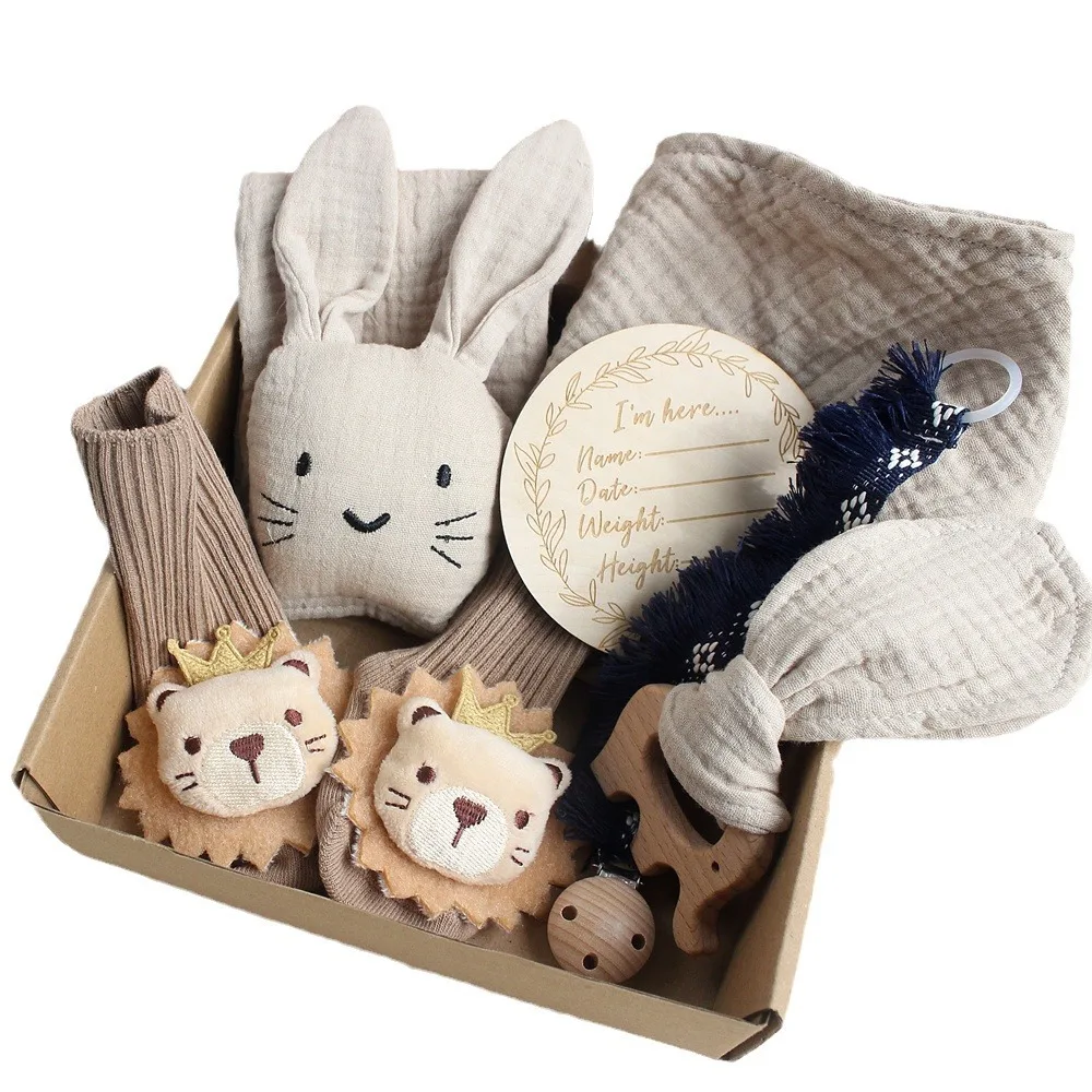 

Baby Rabbit Lion Soothing Towel Socks Drool Towel Wash Gift Box Newborn Bite Ring Hair Strap Set