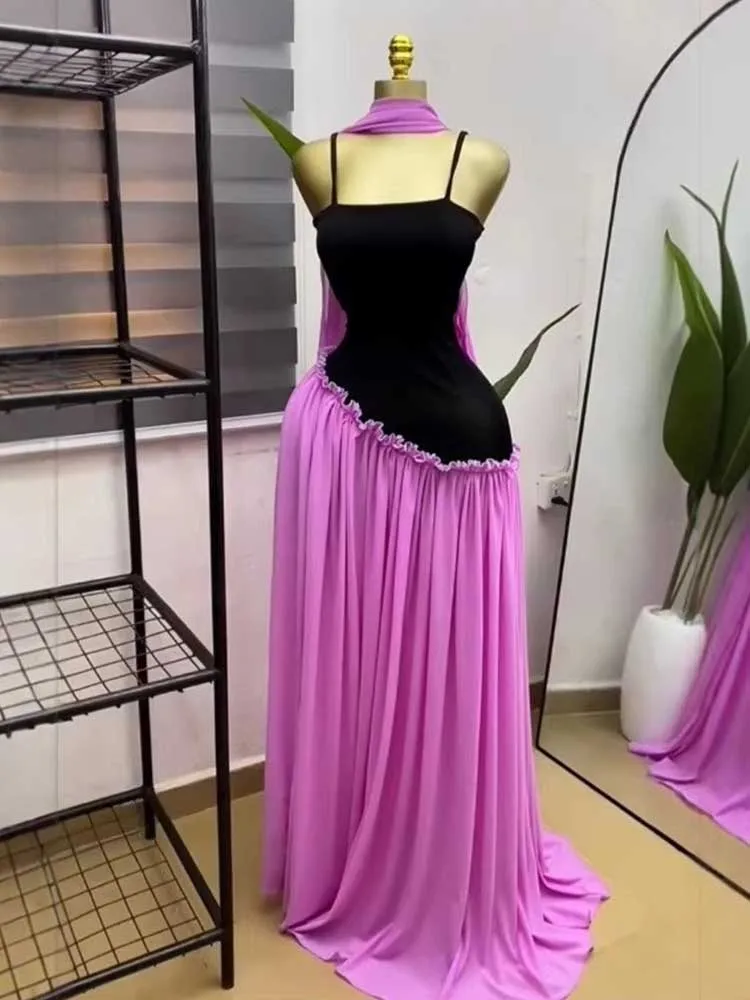 

Evening Dress Women Chic Birthday Summer Elegant Pleated Dress with Scarves Slim Knit Long Sexy Strap Dress Sleeveless