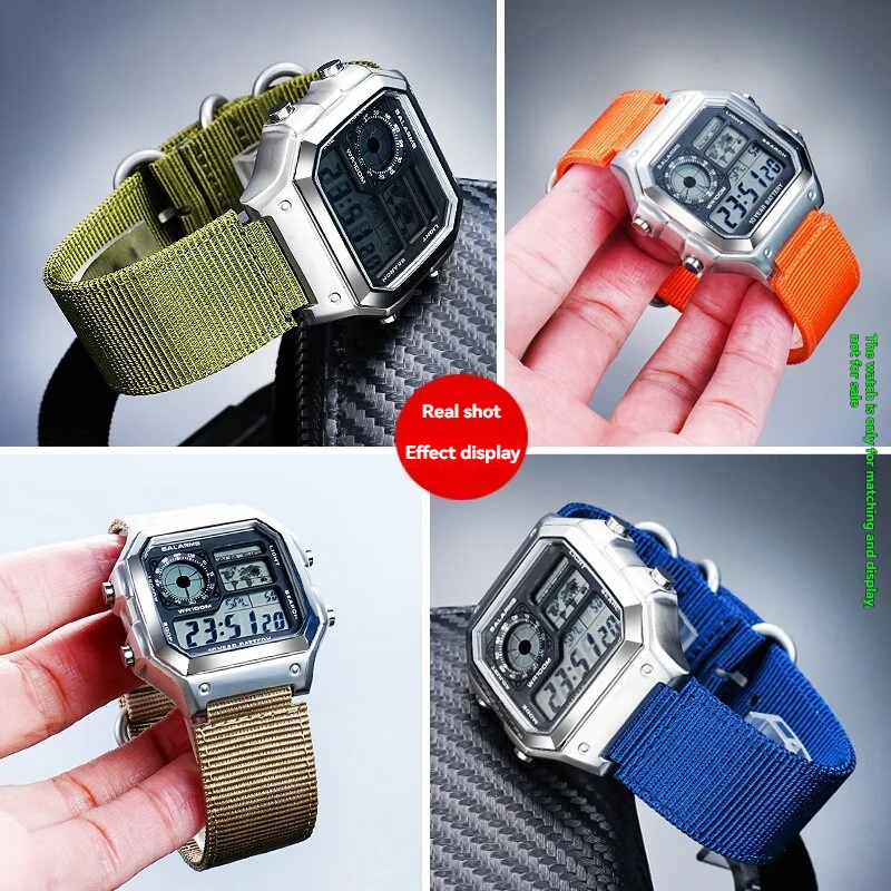 النايلون حزام الساعات ل كاسيو AE1200 AE1300 A158W/A168 W-216H W-218 F-91 حزام ساعة اليد خمر 18 مللي متر الرجال العسكرية نمط سوار #3
