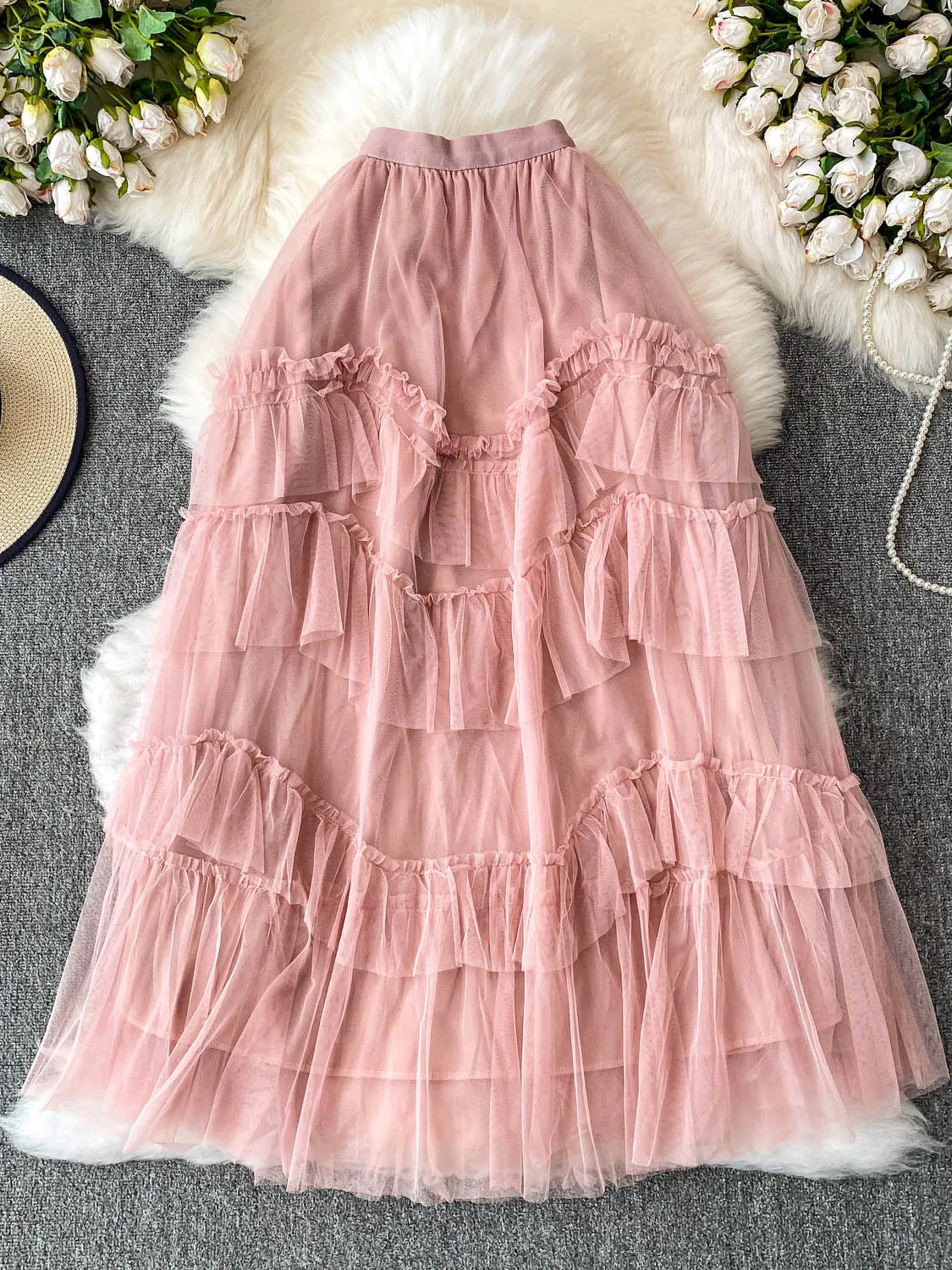 Saia de bolo branco f novo estilo tamanho pequ versátil cintura alta emaecimento malha de fadas crimento médio...