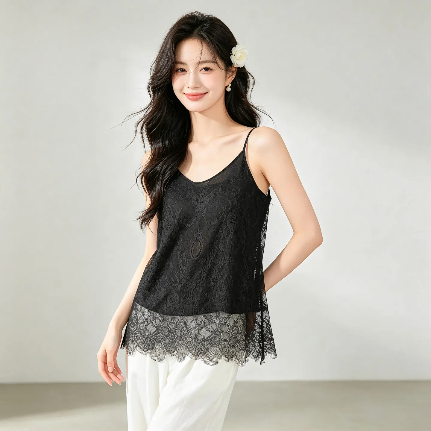 Winsleter-Lining Silk Double Crepe Elegant Sling, Lace Patchwork, Women French Retro Thin Camisole, 2026 Summer New T67731CC