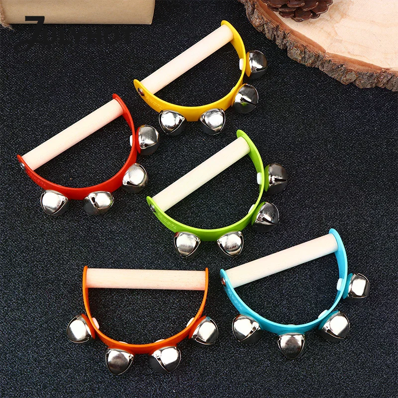 Wooden Half Round Hand Ringing Bell Children Tambourine Musical Orff Instruments Clapper Handle Educational Fun Toys