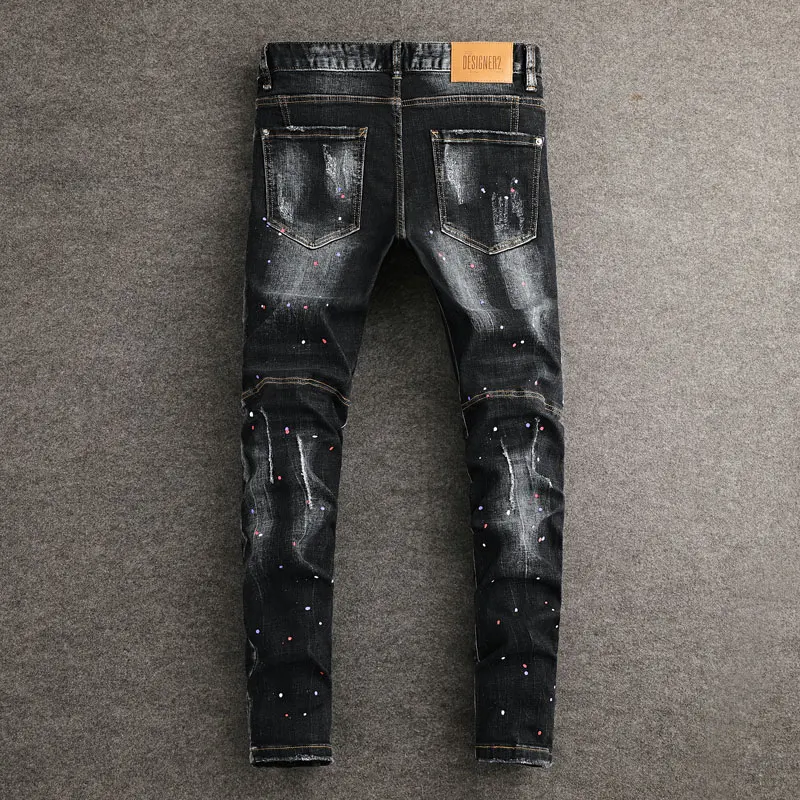 Street Fashion Men Jeans Pocket Designer Retro Black Gray Painted Ripped Jeans Men Stretch Slim Fit Hip Hop Vintage Denim Pants