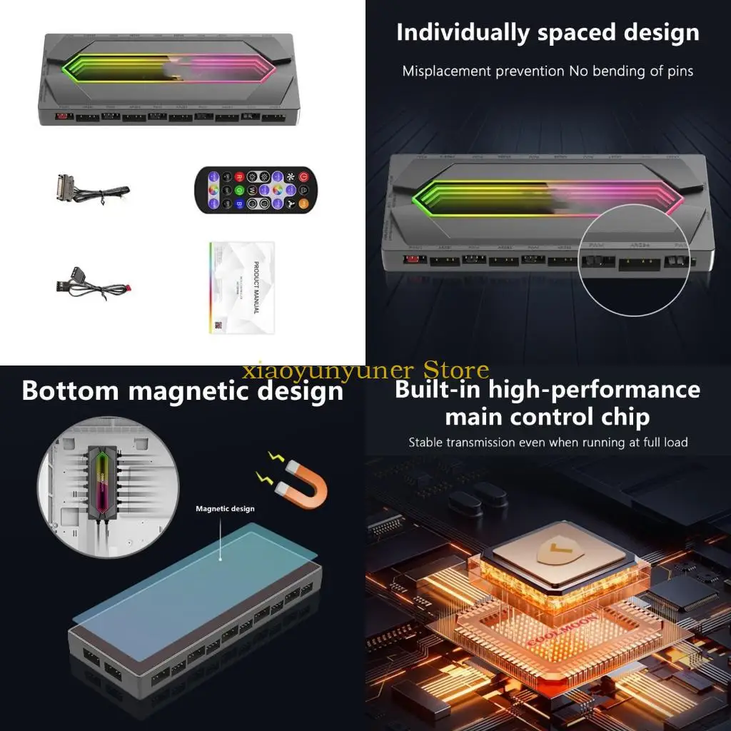 

P9JB Магнитный контроллер-концентратор вентилятора 12 ARGB + 10 PWM с пультом дистанционного управления для компьютерного офиса