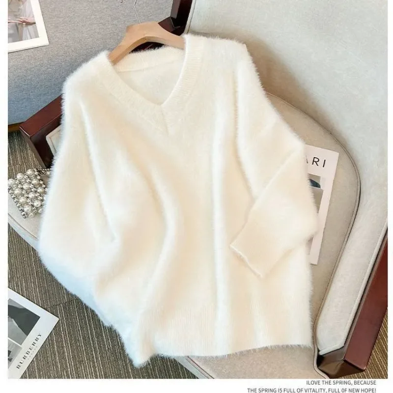 

Женский свитер на осень и зиму с v-образным вырезом, вязаный норковый бархат, женский утолщенный свободный топ с длинными рукавами