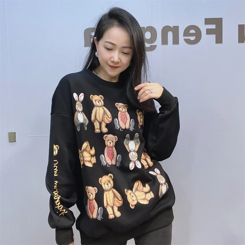 Oversized Velvet Thick Pullover Hoodies Women Clothes Cartoon Bears Printed O Neck Long Sleeve Knitwear Casual Loose Sweatshirts