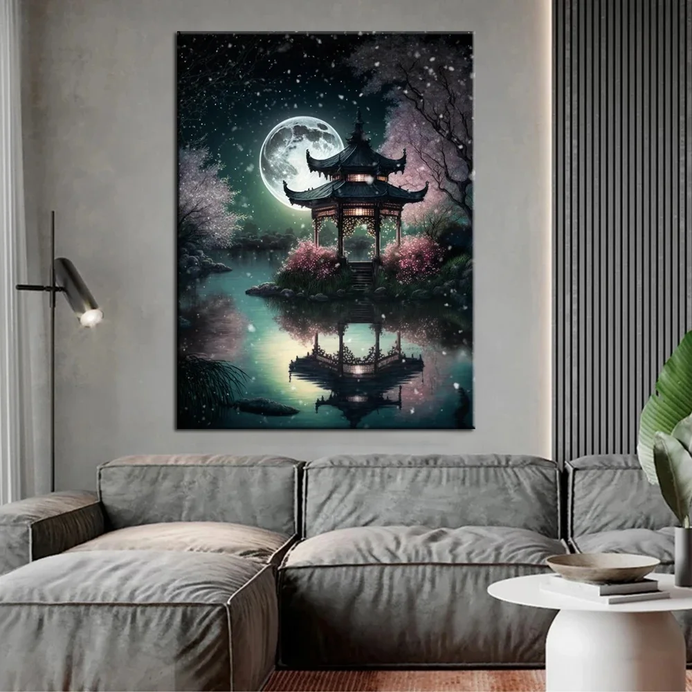 5D Diy Diamond Embroidery Beautiful Moon and A pavilion In the lake Diamond Painting Cross stitch Needleworks Home Decor V644