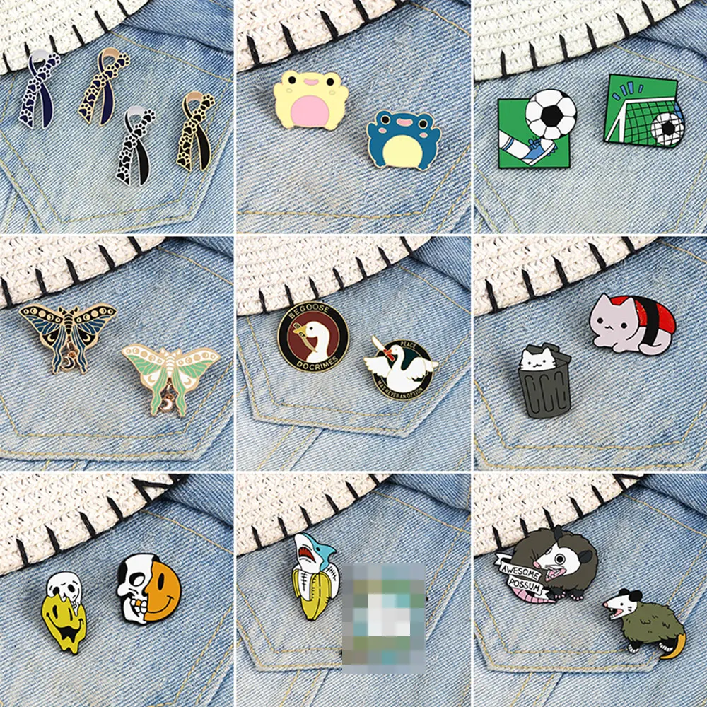 2-4Pcs/Set Bright Star Moon Brooch Horrific Skeleton Shark Enamel Pin Butterfly Dog Paw Bow Tie Footbball Badge Backpack Jewelry