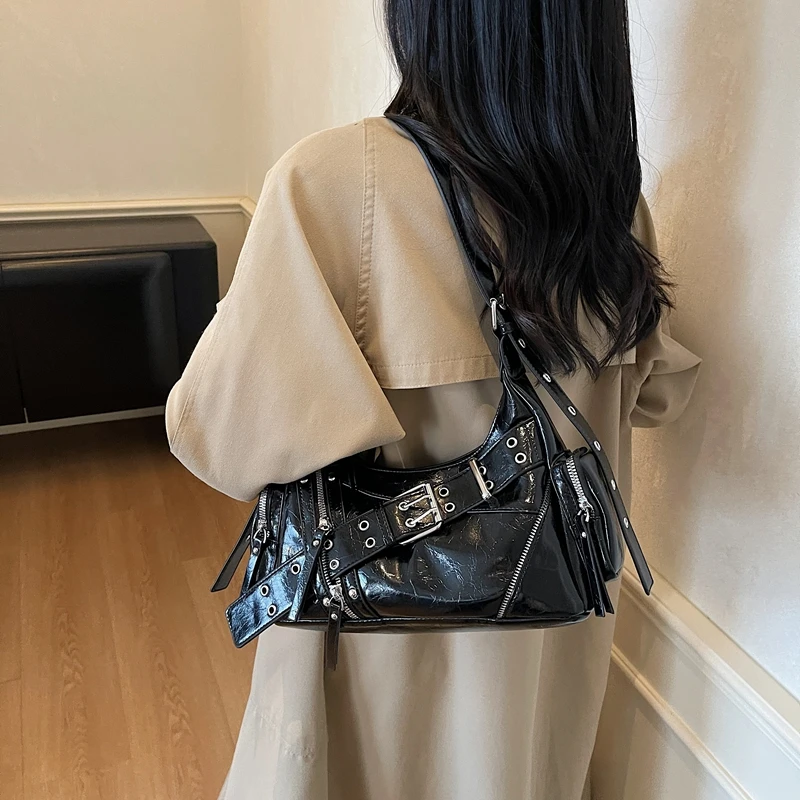 Rivet Design Half Moon Shoulder Bag 2025 New Punk Style Motorcycle Bag Vintage Pu Leather Underarm Crossbody Handbag And Purse #4