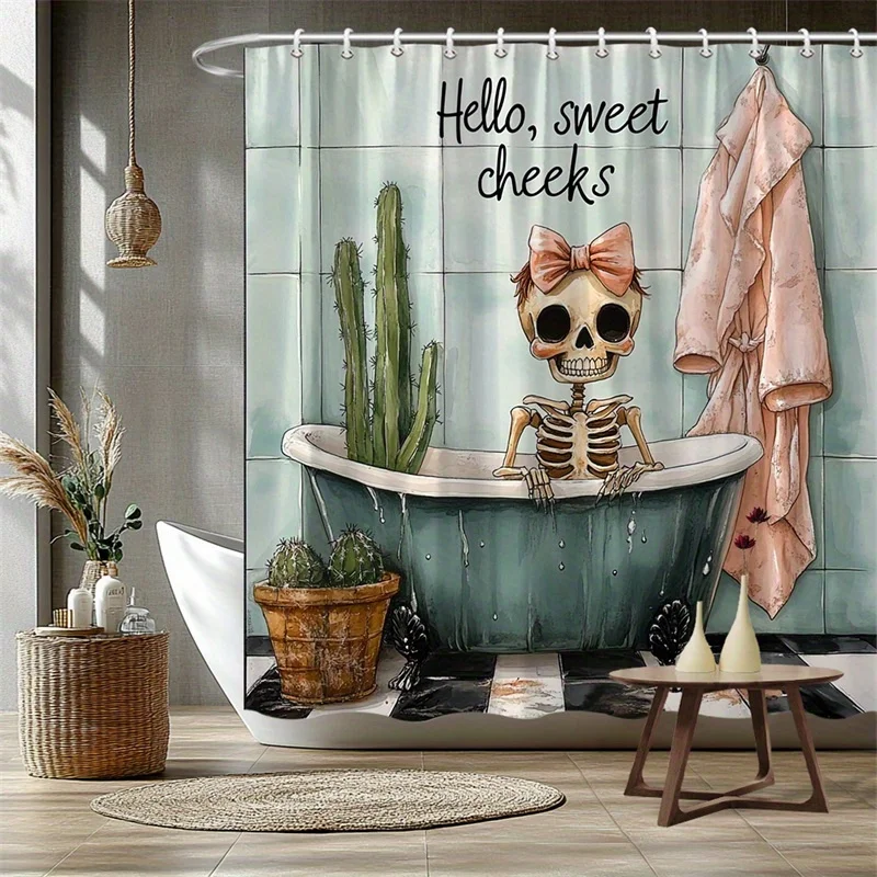 Unique Skeleton Cactus Bathtub Shower Curtain Funny Gothic Halloween Bathroom Decor Polyester Novelty Home Accessories