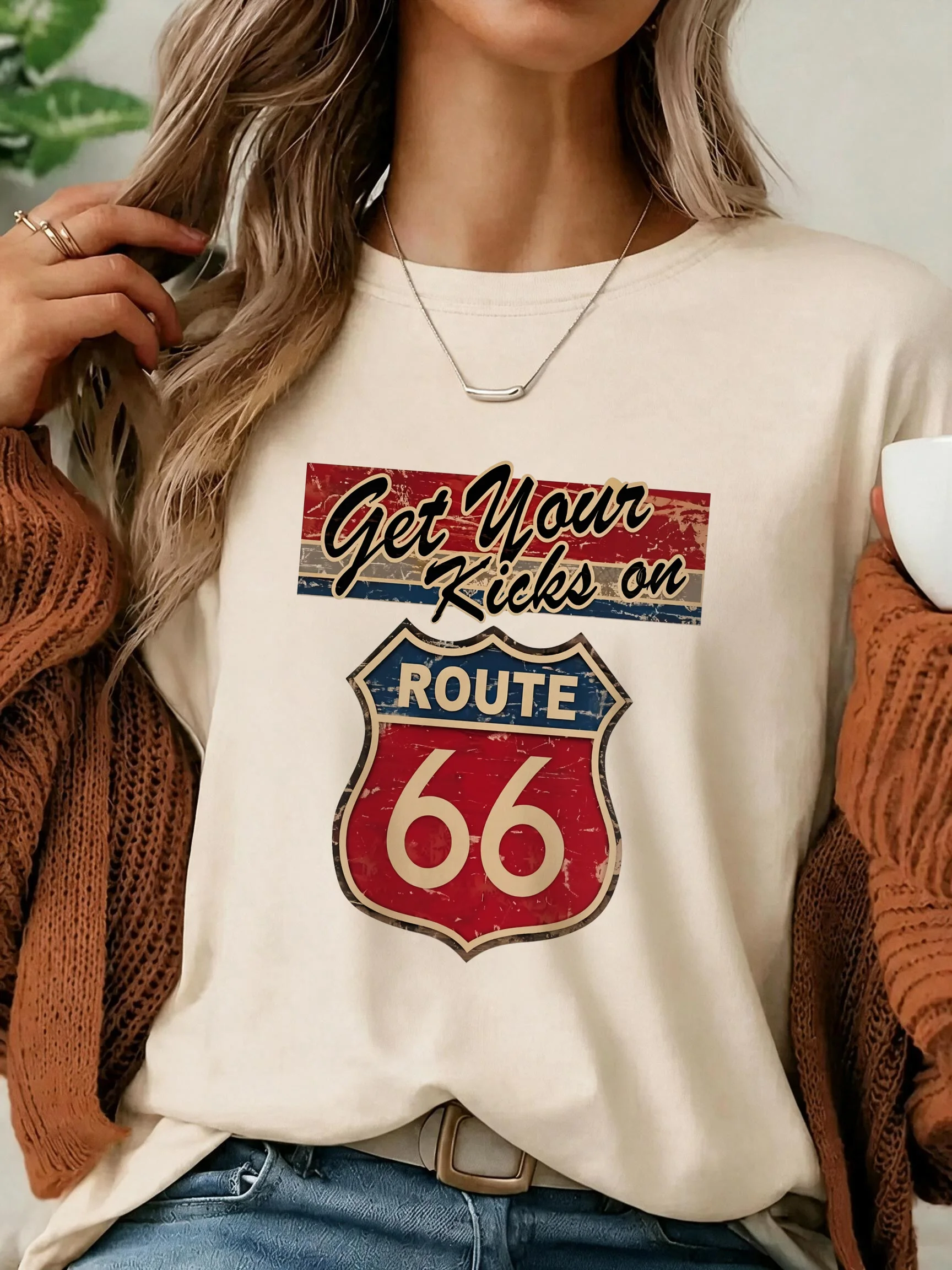 Retro Route 66 Red Shield Graphic Khaki Short Sleeve T-Shirt Casual Country Western Baseball Tops Women's Vintage Clothes Fem