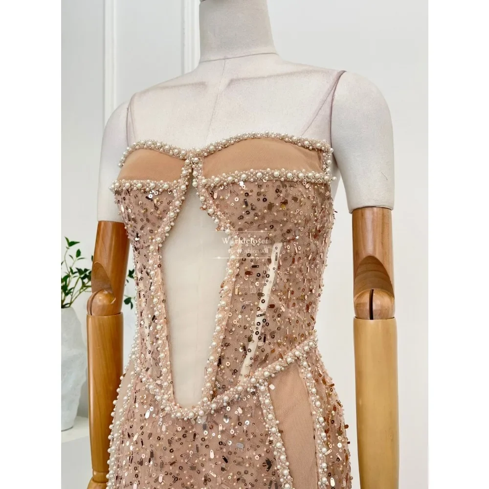 Paillettes perles sans manches dos nu poussiéreux rose Tube Maxi robes pour la fête