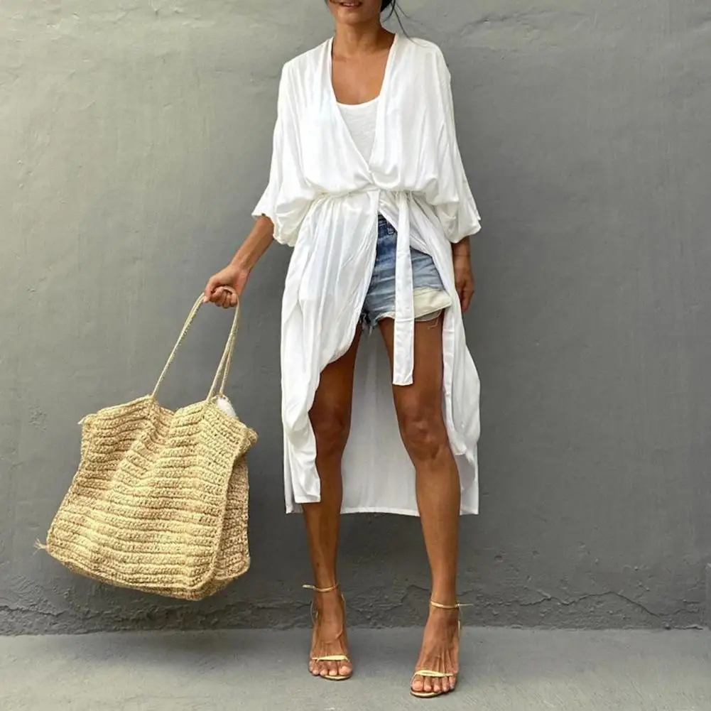 Traje de baño de verano para mujer, batas de manga larga, traje de baño, minivestidos blancos nuevos para vacaciones en la playa, 2025