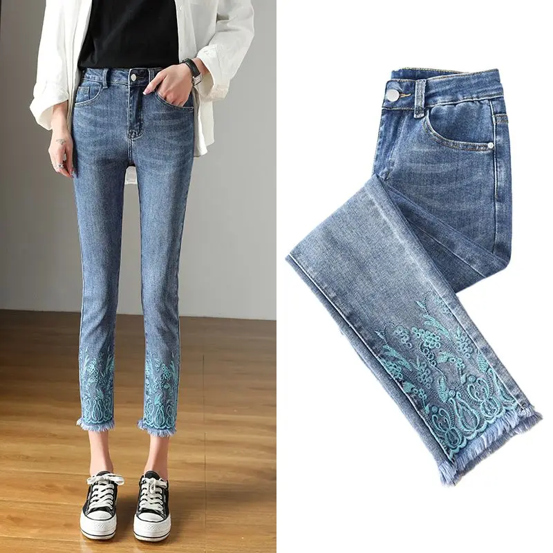 

Skinny Jeans Women's 2024 Spring Summer New High Waist Elastic Embroidered Pencil Pants Casual Denim Trousers