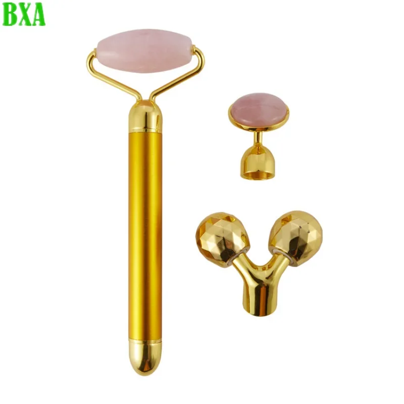 3 w 1 24K Gold Beauty Bar Elektryczny masażer do twarzy Wibrujący różowy kwarc 3D Roller Lifting twarzy Ciało Twarz Gua Sha Jade Roller