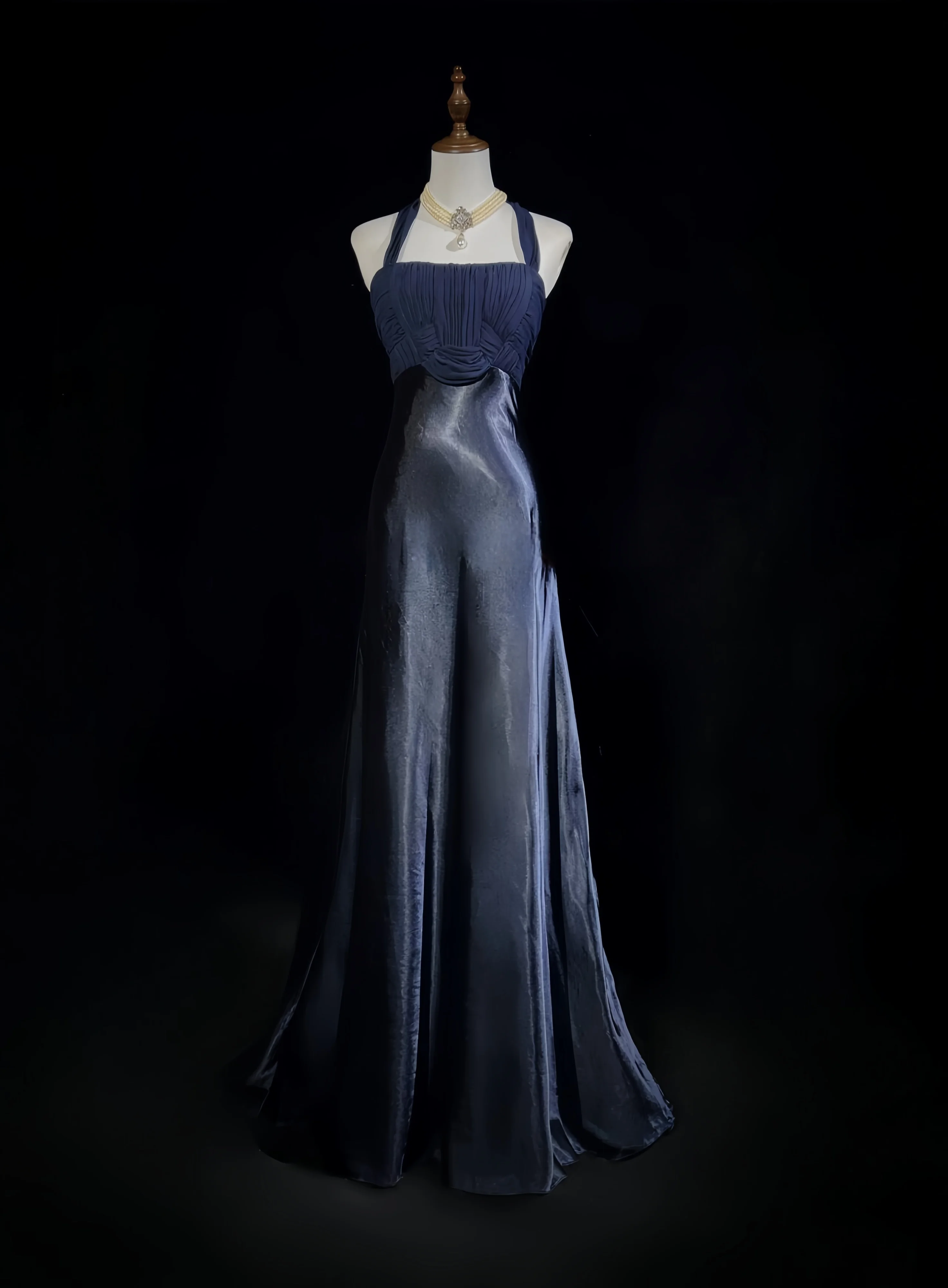 Stylish Navy Blue Prom Gown Satin Pleated Suspenders Sleeveless Waist Cinched Waist A-Line Special Occasion Evening Dress