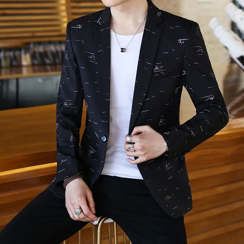 

Slim Fit Men's Casual Thin Suit Jaet Korean Sle Trendy Hair St k Flower Single Top irt Youth Vitali Faion