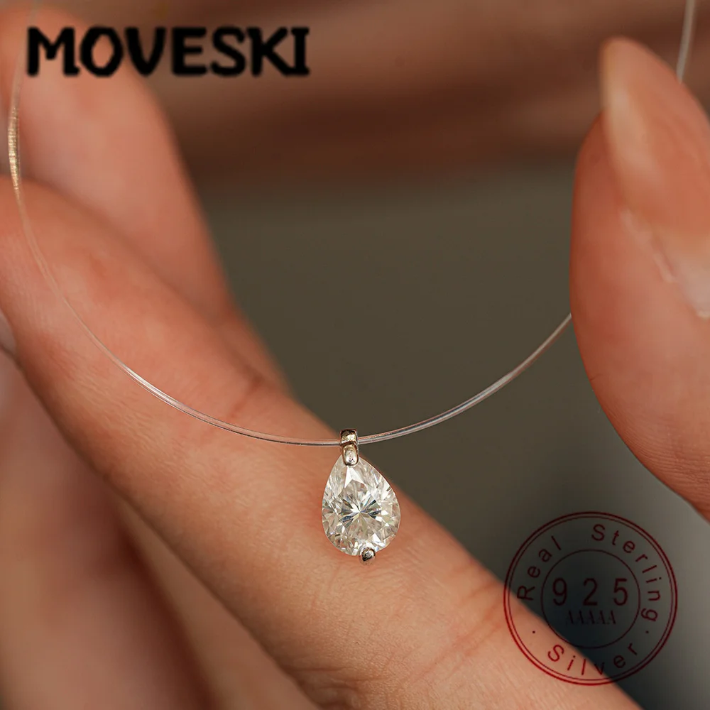 

Подвеска-солитер из серебра 925 пробы с муассанитом 1 карат, цвет D, чистота VVS1, грушевидная огранка, на прозрачной цепочке-леске, для женщин