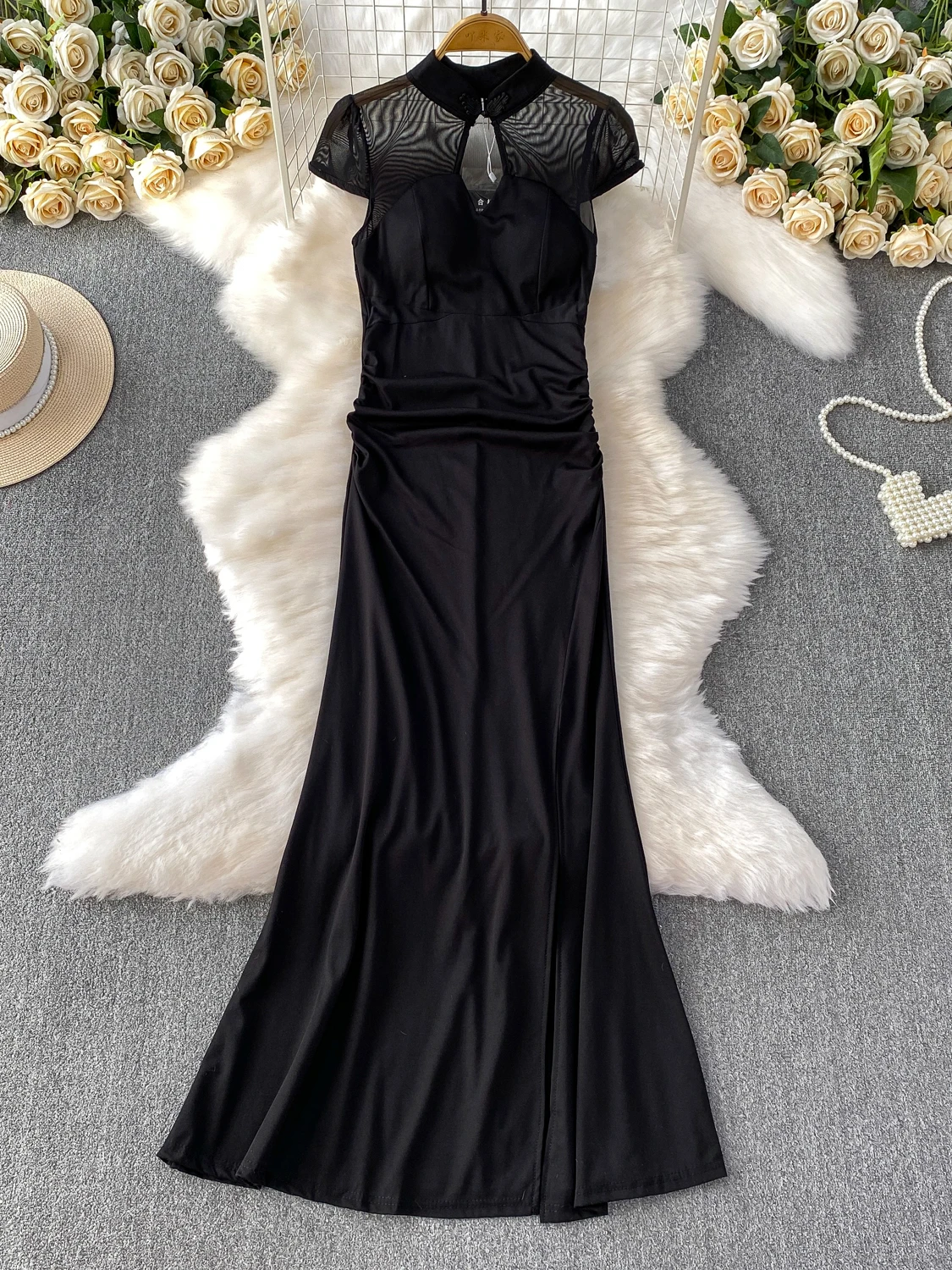 Retro Chinese Sle Sexy See-tough Me Splice Stand Collar Dr Women's Summer Pleated Waist-cinching Ele Long Dr