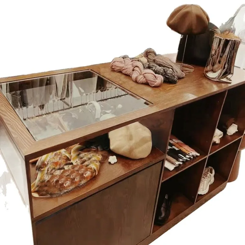 

Walnut color Nakajima platform with glass window clothing store display stand