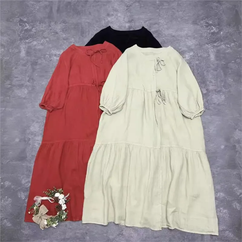 

Johnature New Vintage Linen Dresses 2024 Summer Simple O-neck Solid Color Loose Bandage Short Sleeve Casual Women Dress