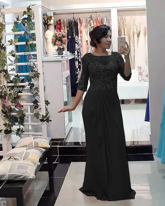 Gaun malam ibu, payet renda elegan, leher kru lengan setengah, gaun sifon ukuran Plus untuk tamu pernikahan