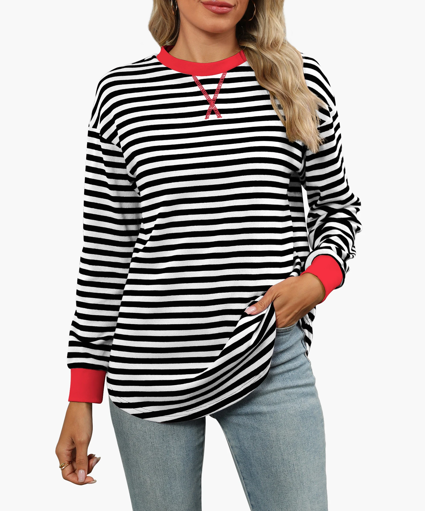 Striped Printed Round Neck T shirt Long Sleeve Casual Vintage Threaded Cuff Autumn Spring Daily Tee Tops 2025 Office Lady Tops