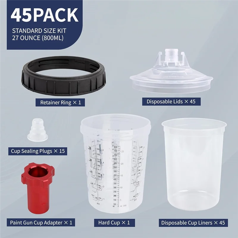 

Чашка для краски AA21, чашки для смешивания краски HVLP, 27 унций (800 мл), комплект с 45 чашками и системой крышек, с стопорным кольцом
