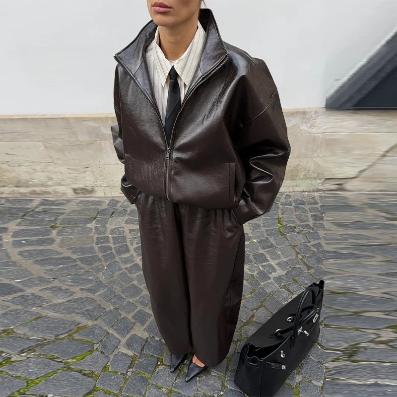 Stylish Motorcycle Leather Coat Set Loose Casual-chic Lady Jackets Skirt Edgy Versatile Party Street Wear Female Fall Outerwears