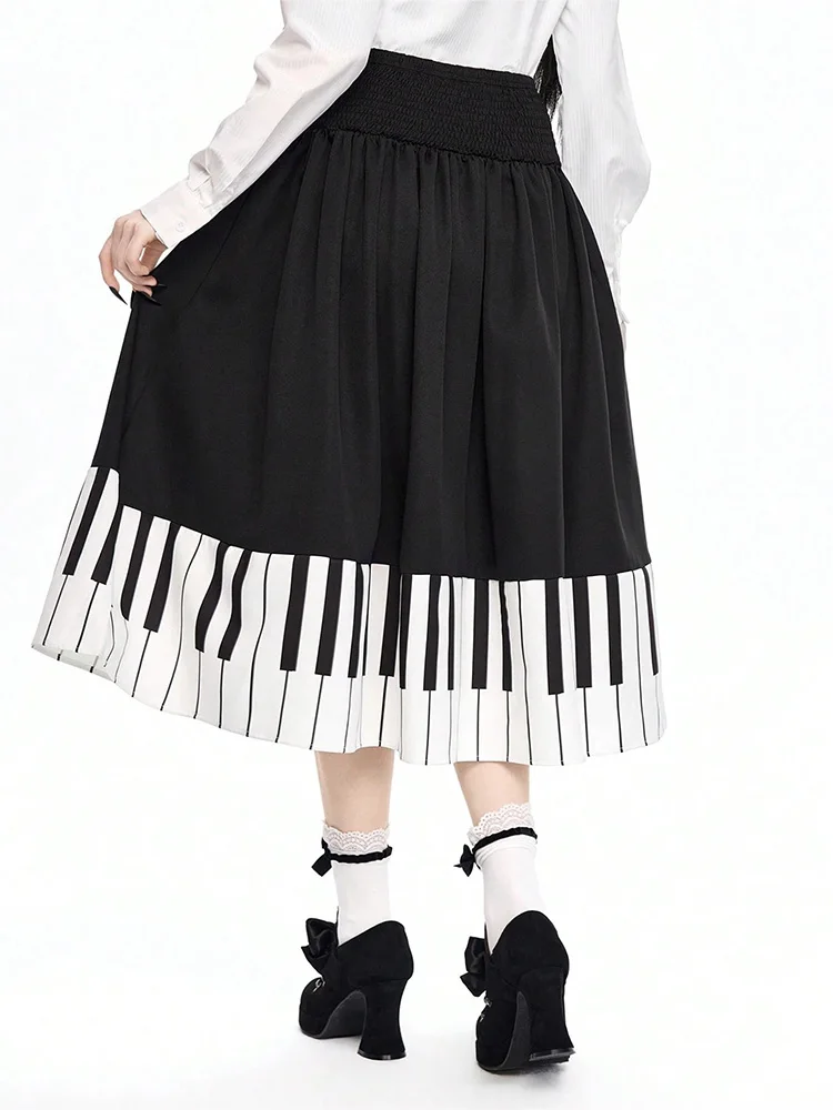 Summer New Sweet Spicy Black White Piano Pleated Skirt High Waist Slim Fit A Line Midi Skirt Vintage Design Skirt for Women view 5