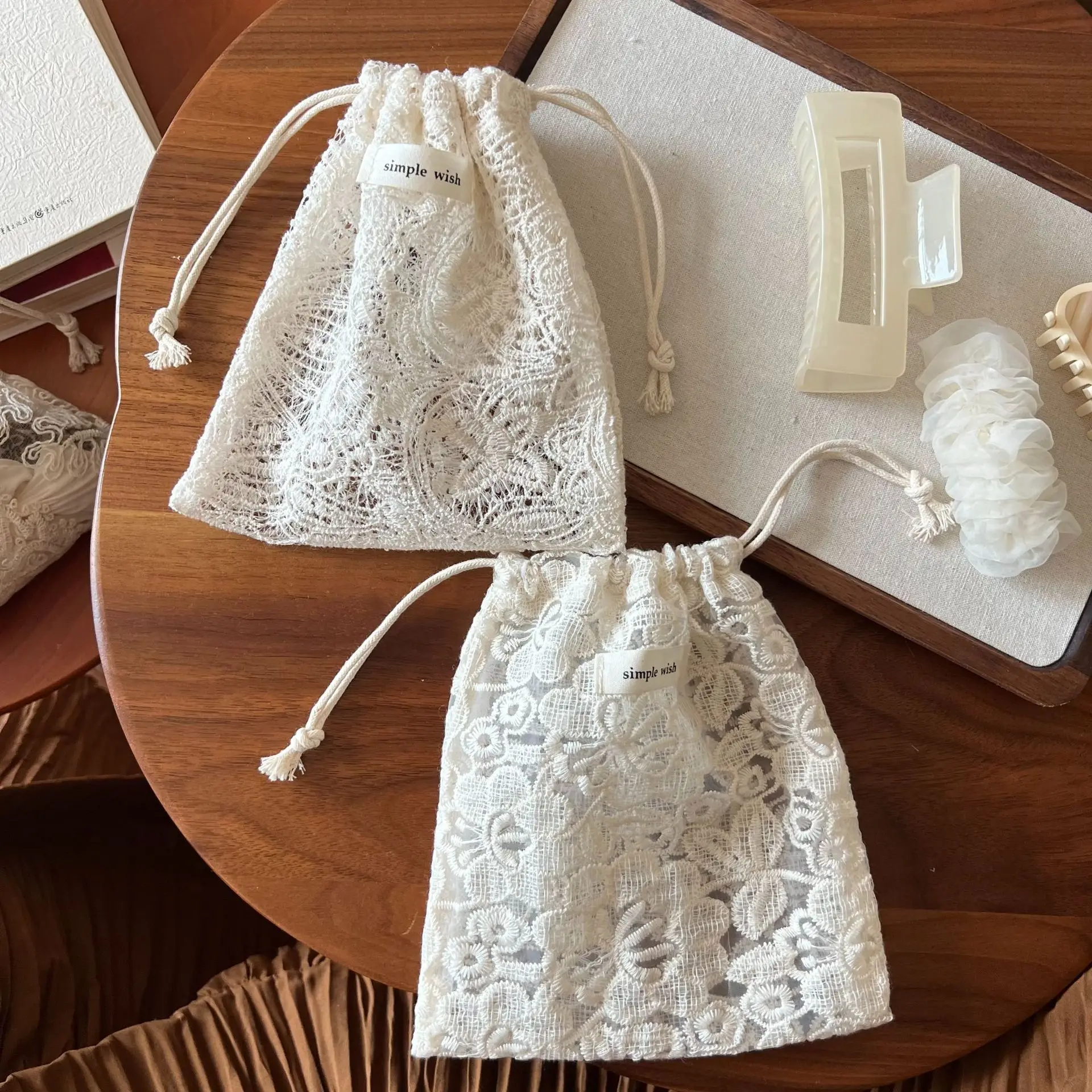 Retro-Aufbewahrungstasche aus Spitze, Aprikose, mit Spitzenausschnitt, bestickt, Mehrzweck-Organizer, Aufbewahrungstasche für Haarschmuck und Kopfhörer – Detail 7