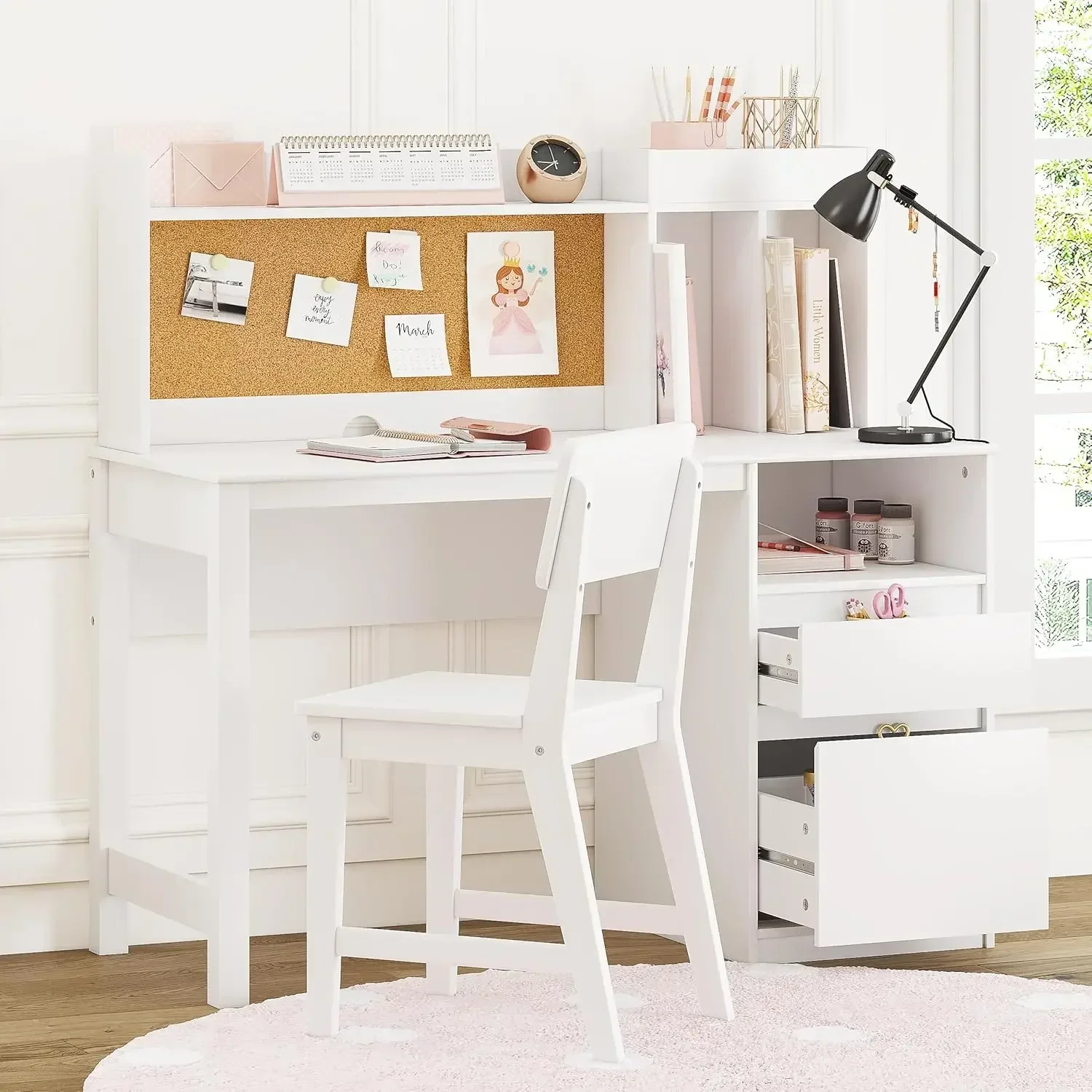 Kids Desk and Chair Sets, Kids Study Desk Set with Hutch and Storage, Children Wooden Study Table for 5-12 Years Old, Student Wr