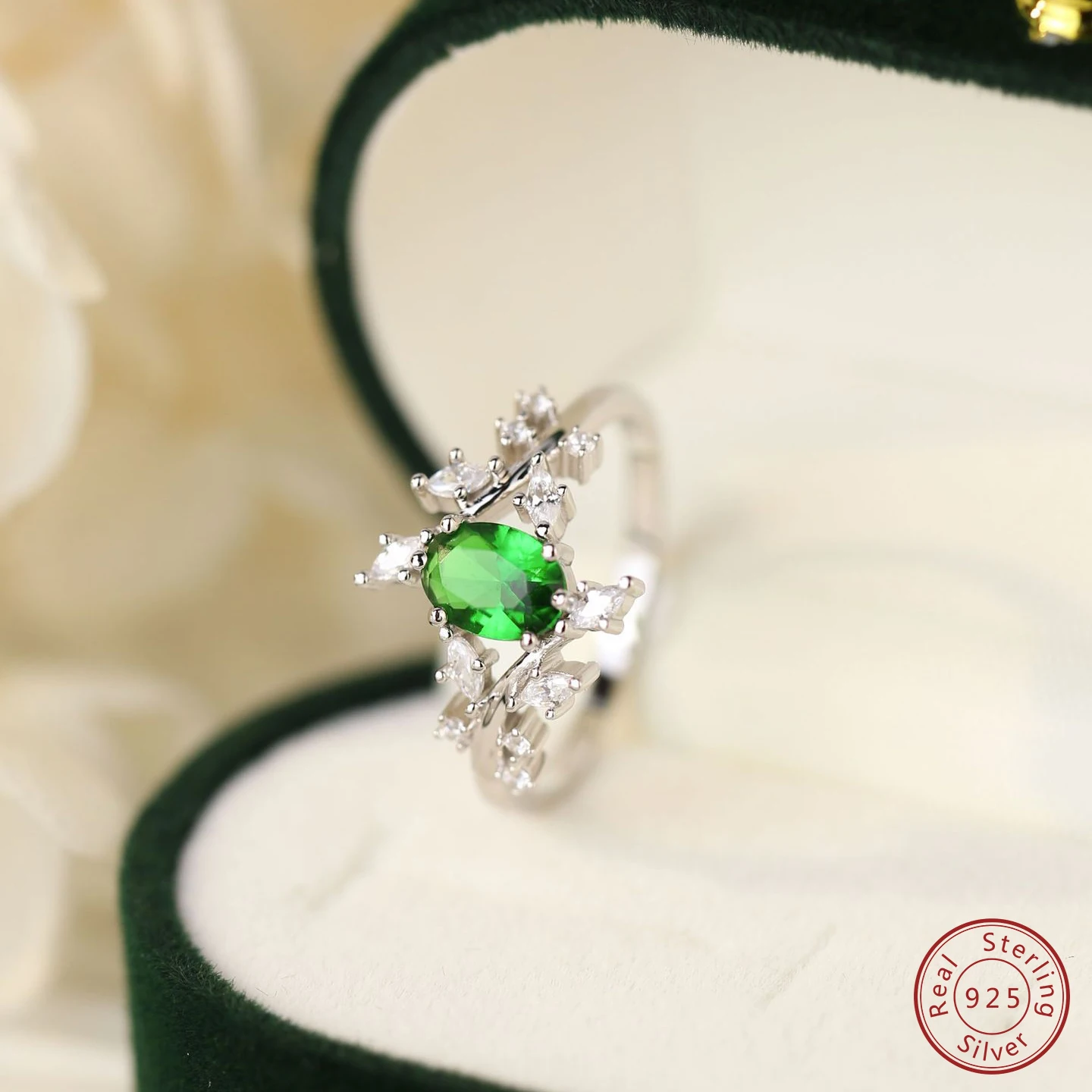 2024 European and American New 100% 925 Sterling Silver branch Oval Green Zircon Ring Simple Design Personalized Ring Female