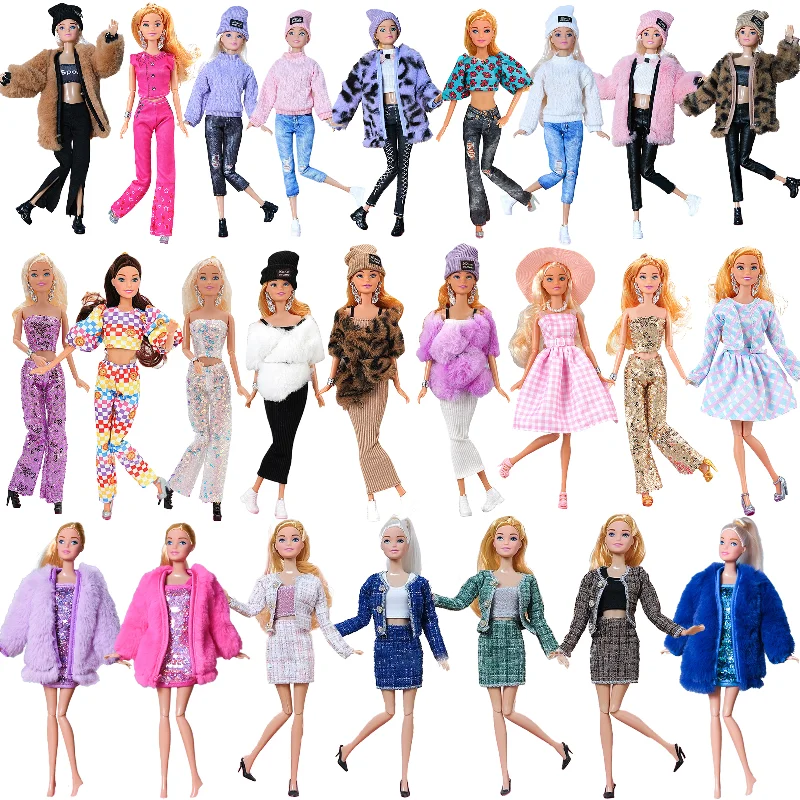 1 Set Doll Clothes For Barbie Plush Coat Jacket Dress Hats Sweater Earrings Necklace For 30cm Barbie Doll Accessories Girl\'s Toy