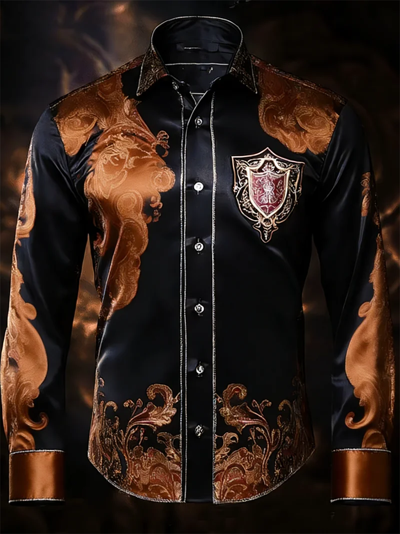 New Purple Black Baroque Men's Long Sleeve Shirt Shield Badge Hot Stamped Slimming Business Shirt Clothing