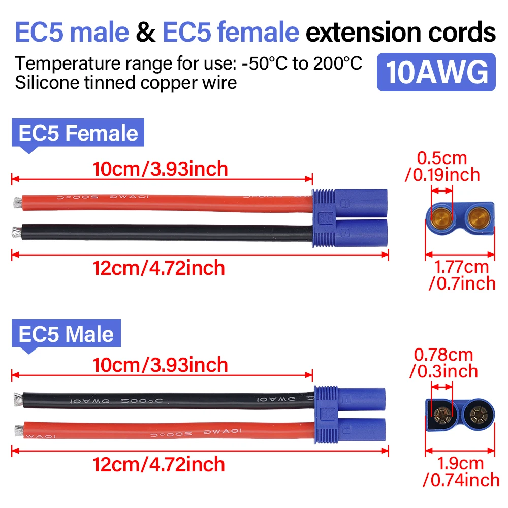 EC5 Male Plug/Female 10AWG Silicone Cable Jack Pigtail Wire Connector for RC Battery Toys Pigtail Wire Length 10cm