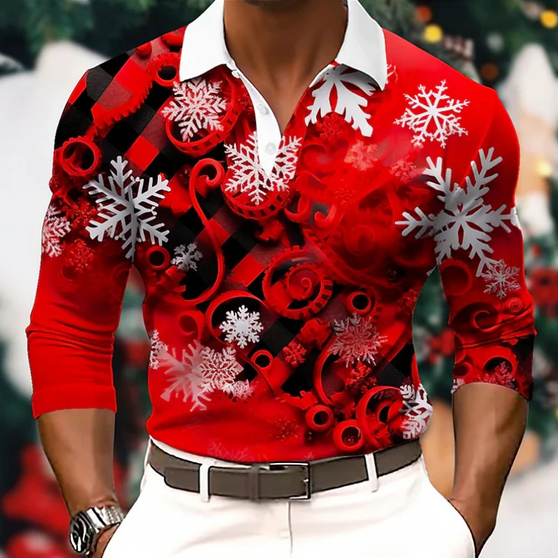 

Men's Tops Scene Christmas 3D Print Polo Snowflake Autumn Tunics Casual Golf Outdoor Long Sleeve Turndown Shirts Micro-elastic