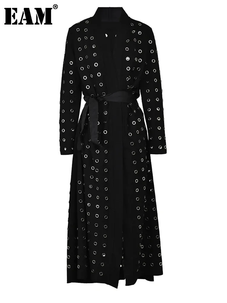 EAM Black Hollow Out Belted Long Trench Women New V-neck Long Sleeve Windbreaker Fashion Tide Spring Autumn 2025 15XM44101