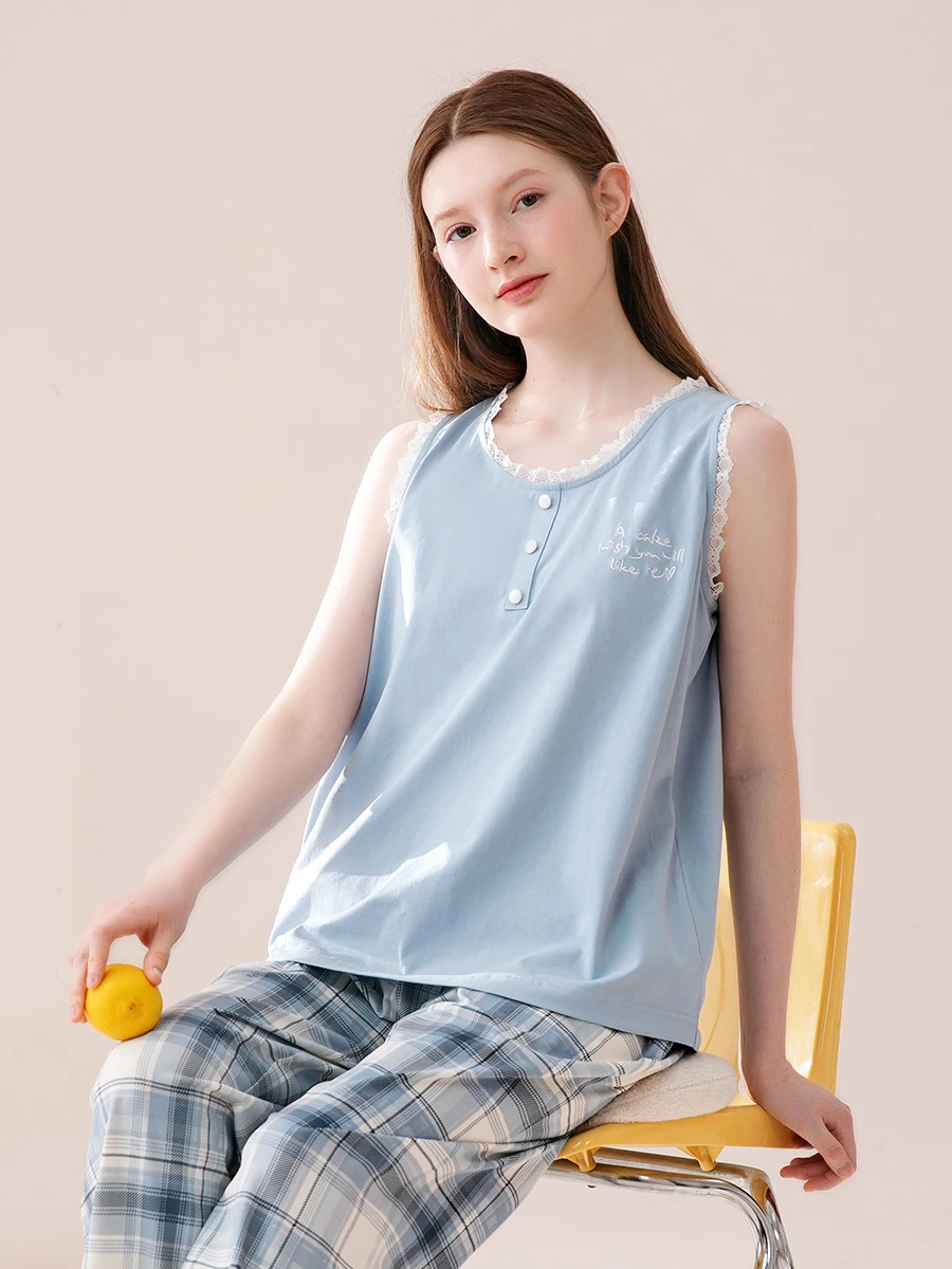 fenteng-women's-summer-sleepwear-pure-cotton-round-neck-vest-plaid-pants-ruffle-sweet-loose-home-clothes-korean-style
