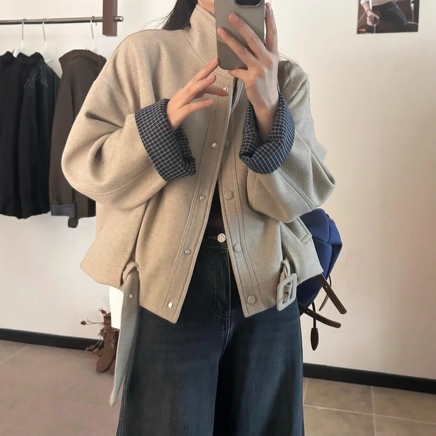 

Splicing plaid stand-up collar fashion 2025 autumn and winter woolen new coat Korean version short top slim jacket women