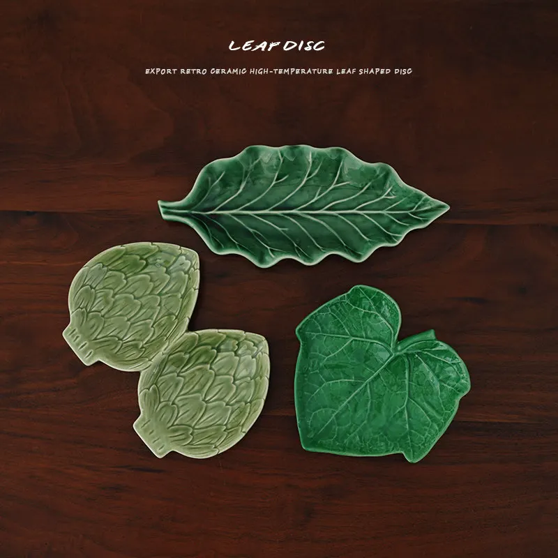 Nordic Relief Green Leaf Ceramic Plate Living Room Kitchen Dining Table Leaf Shape Dim Sum Dip Plate Jewelry Storage Plate Decor
