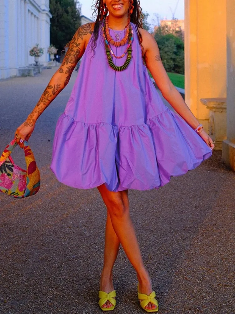 Yeezzi feminino roxo sem mangas em camadas plissado mini vestido 2025 moda boho casual solto balanço vestido de festa de verão vestido linha a