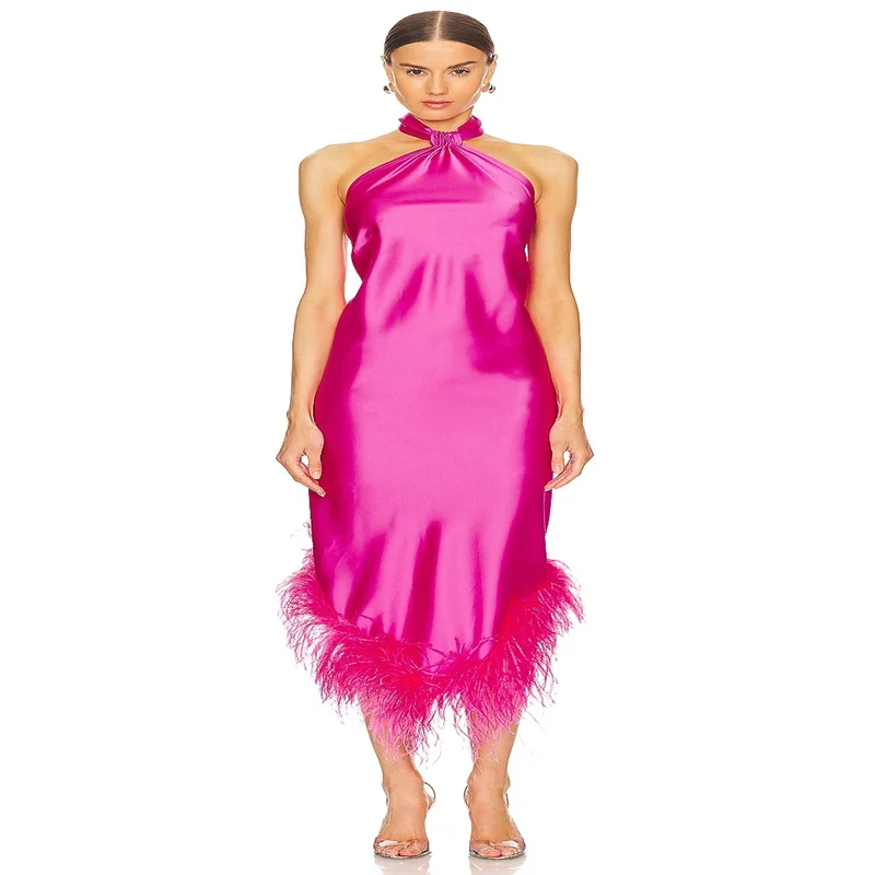 

Fuchsia Halter Party Dresses Straight Elegant Dresses for Women Gala Long Dresses for Women Wedding Party Dress with Feathers