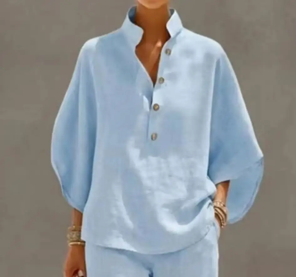 

Fashion Cotton Linen Button Stand Collar 9 Quarter Sleeves Loose Women's 2-piece Suit Spring Casual Wide Leg Pants Suit Female