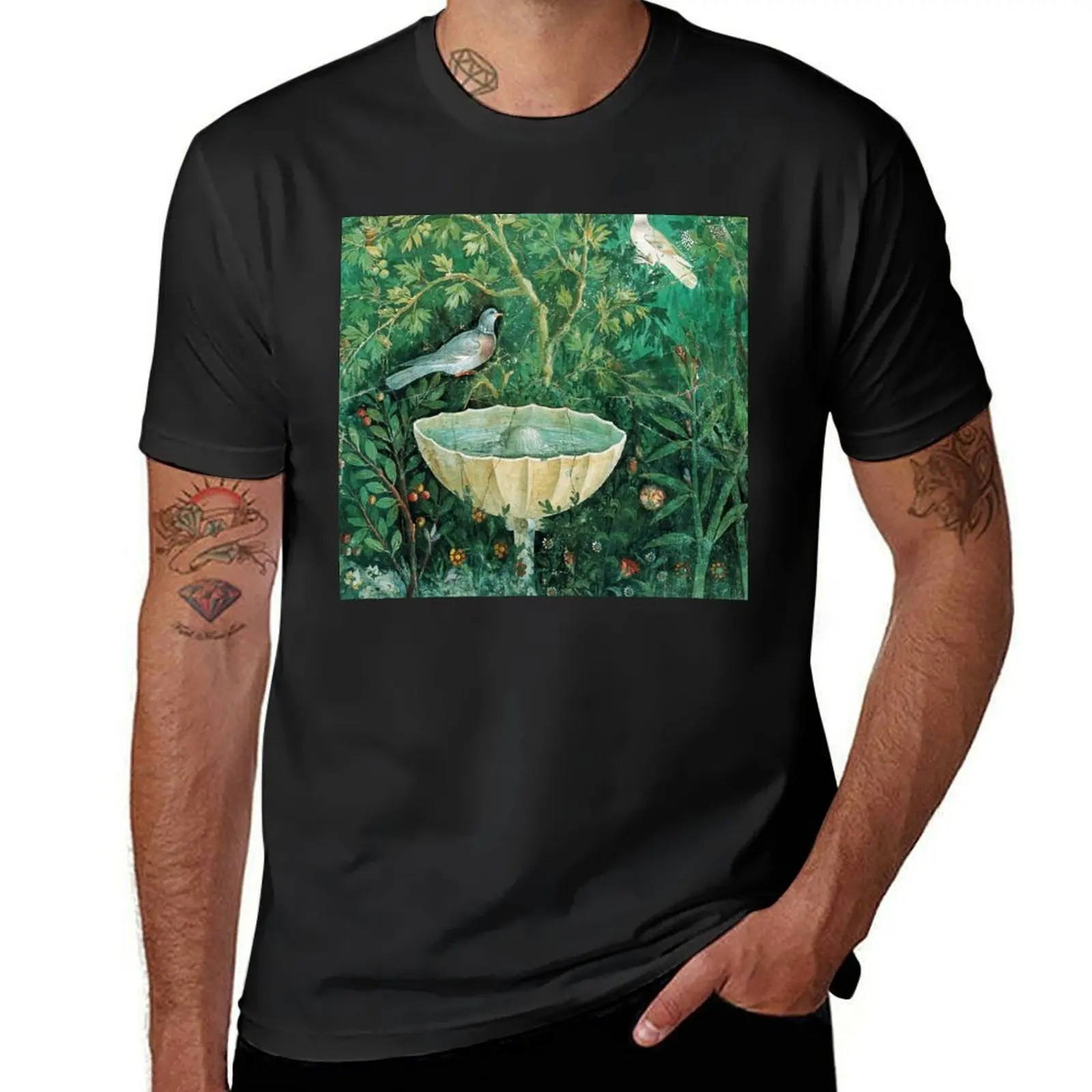

POMPEII COLLECTION,LITTLE BIRDS,DOVES AND FOUNTAIN IN GARDEN ,GREEN FLORAL T-Shirt blacks for a boy t shirts men