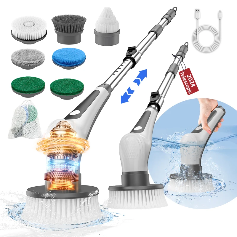 Electric rotary scrubber, IPX8 waterproof rechargeable power scrubber for cleaning bathrooms, showers, bathtubs and kitchens