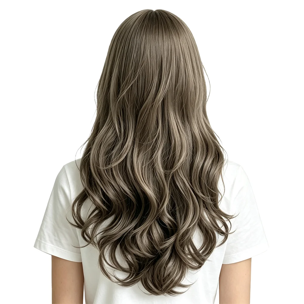 Pre-Styled Side Braided Long Wavy Wig With Fringe Ash Brown Wave Wig Sweet Heat Resistant Synthetic Hair For Women Party Daily