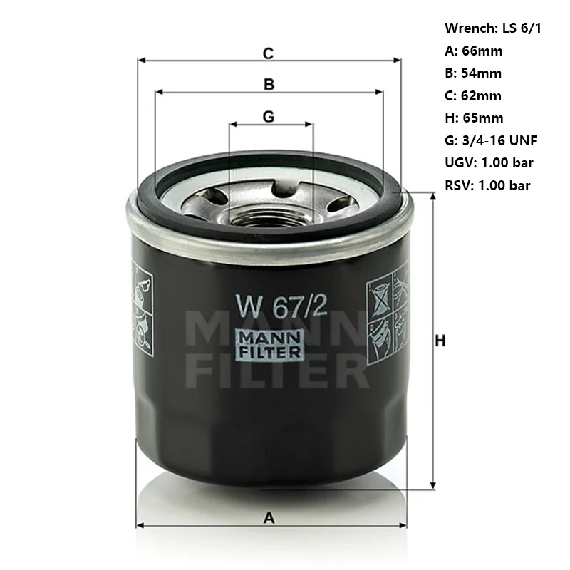 MANNFILTER W67/2 Oil Filter Fits DFAC WULING OPEL Agila BYD F0 CHANGAN CX30 93193705 372-1012010 16510-60B11 238380 4708878