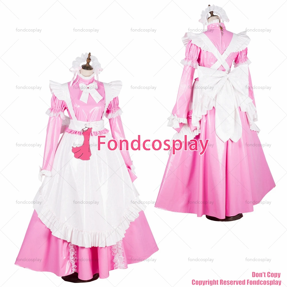 fondcosplay adult sexy cross dressing sissy maid long lockable baby pink thin PVC vinyl dress white apron CD/TV[G1801]