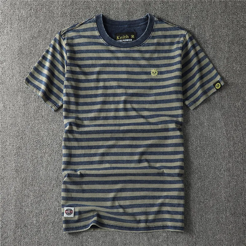 Summer New American Retro Short Sleeve O-neck Striped T-shirt Men\'s Fashion Simple 100% Cotton Washed Old Casual Slim Youth Tops